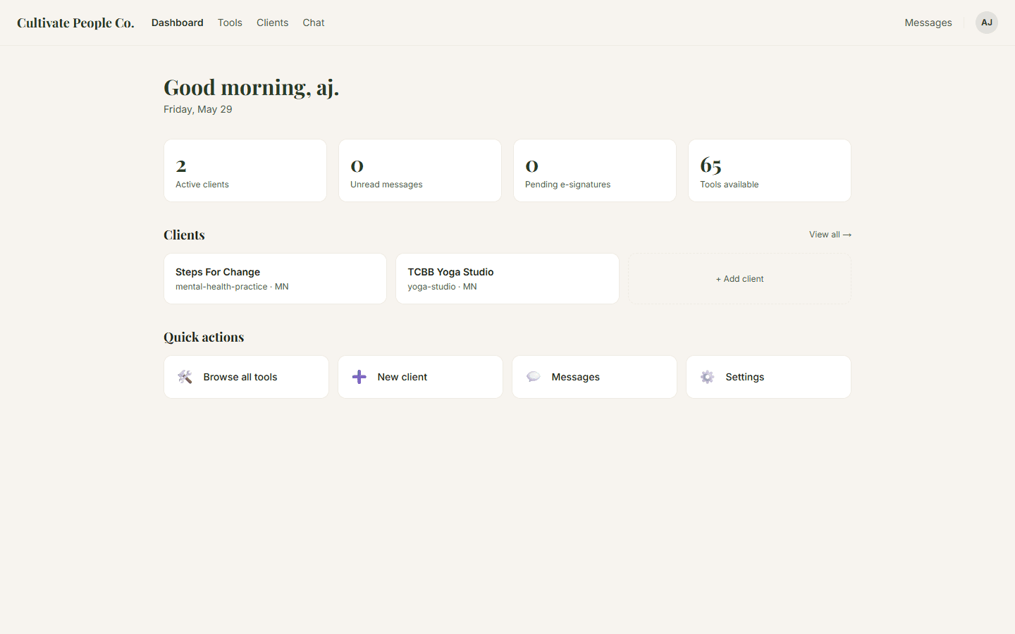 Practice dashboard showing clients overview and quick actions